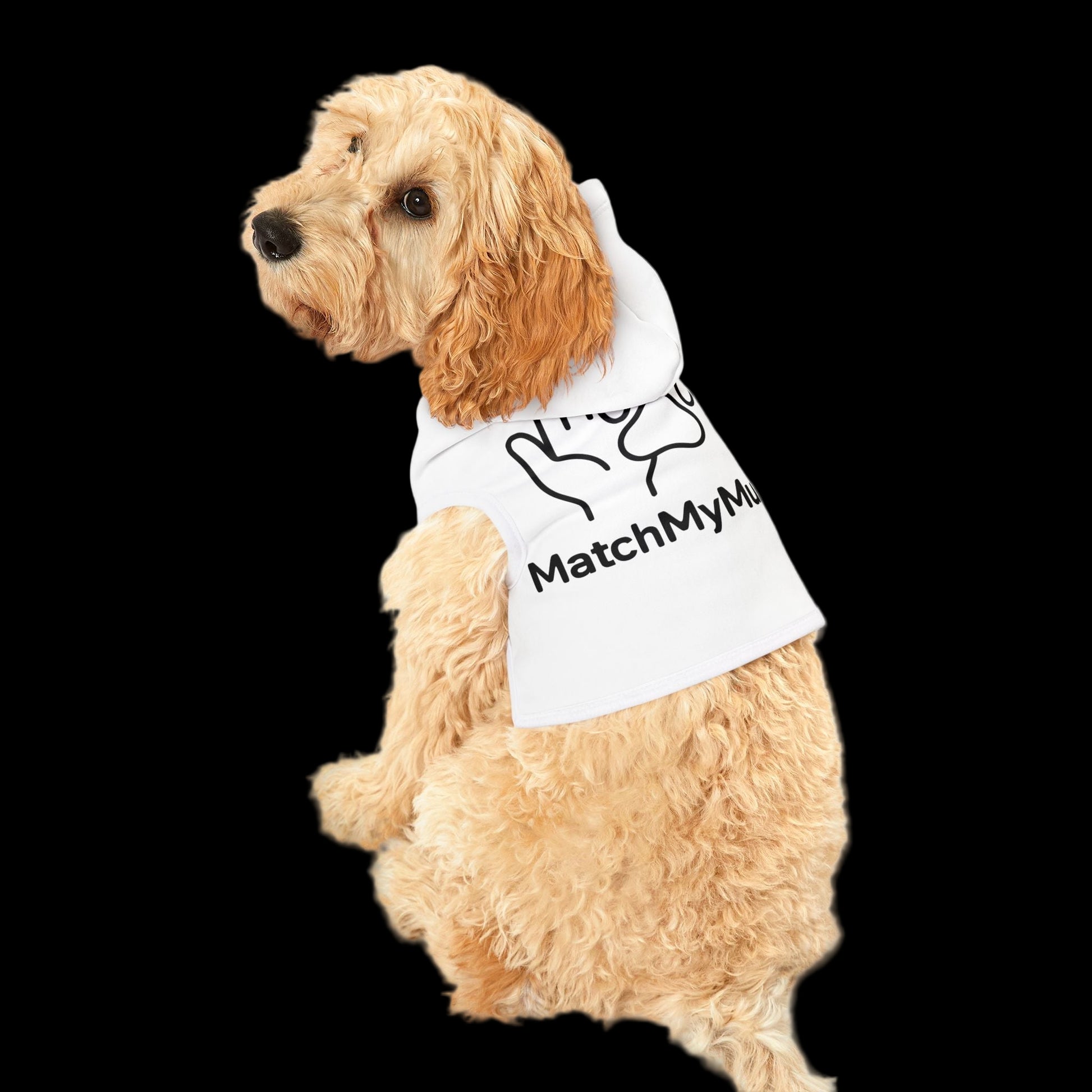 Dog wearing a white shirt with 'MatchMyMutt' text on a white background